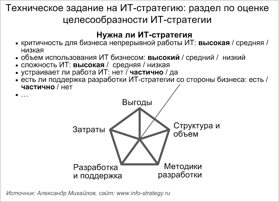 Техническое задание на ИТ-стратегию: раздел по оценке целесообразности ИТ-стратегии. Источник: Александр Михайлов, сайт: www.info-strategy.ru